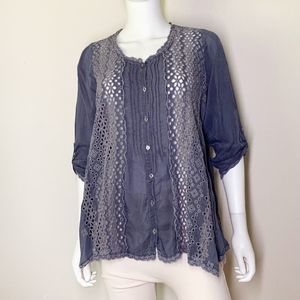 Johnny Was Button Down Blouse size Small Blue Periwinkle Eyelet Embroidered